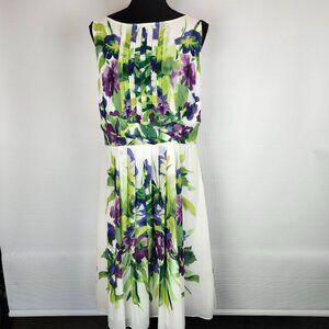 Lauren Ralph Lauren Dress Floral Sleeveless Pleated White Purple Green Size 14